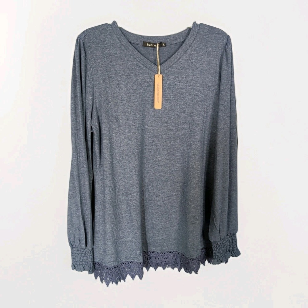 Eachyes Grey Lilac Long Sleeve Shirt‎ Lace Bottom  NWT Large Womens